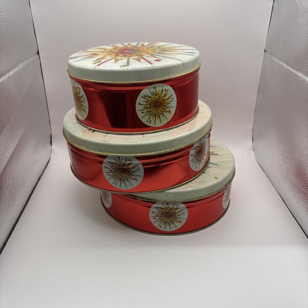 Vtg~Round Red Christmas Holiday TIns w/White Lid~Set of 3~MCM/Retro